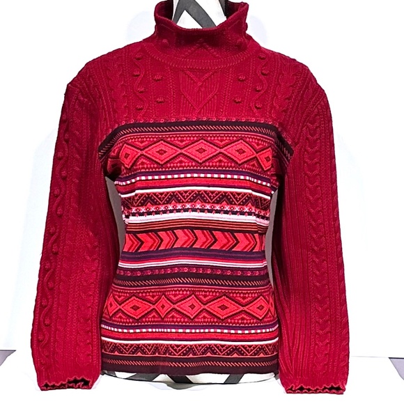 Vintage Women Merino Wool Red Cable Knit Nordic Print Fitted Sweater Designer - Picture 2 of 10